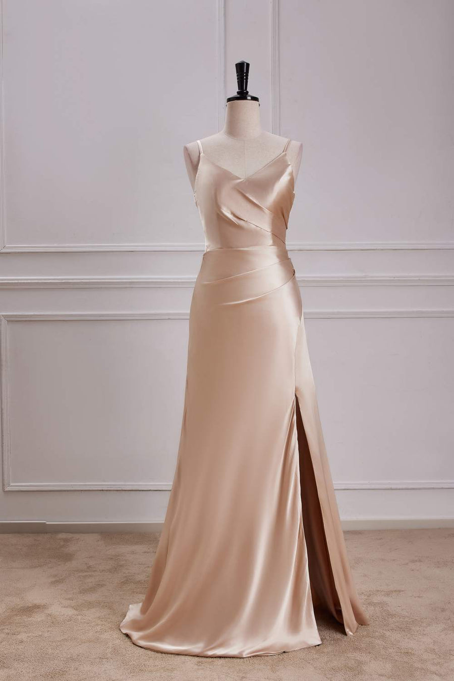 Champagne V Neck Spaghetti Straps A-line Long Prom Dress with Slit Custom Color / US 10