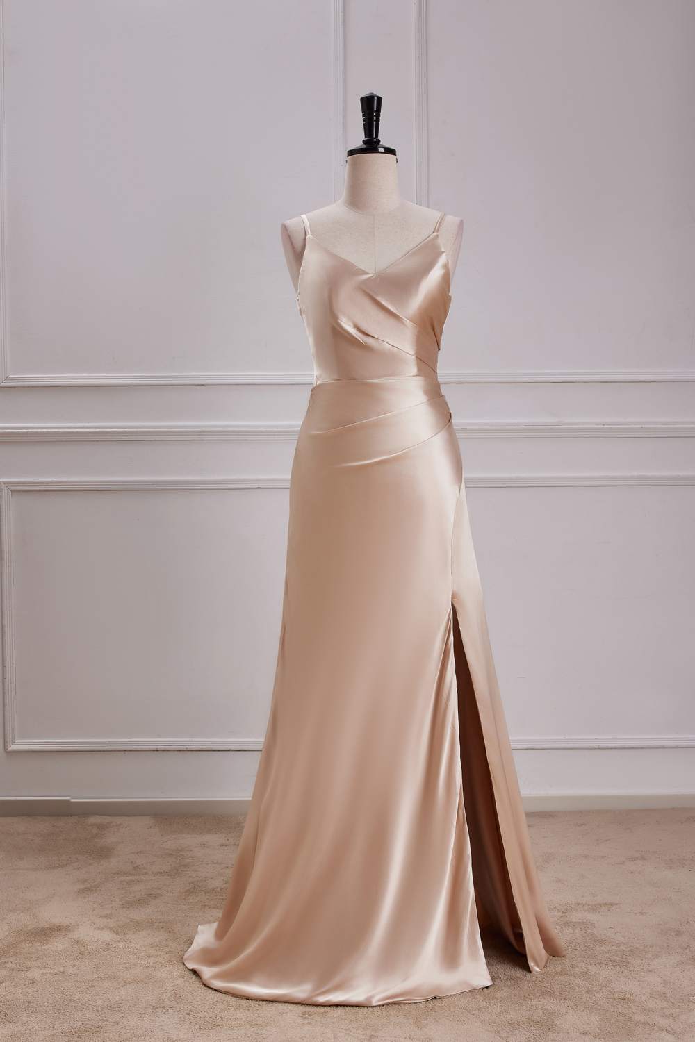 Champagne V Neck Spaghetti Straps A-line Long Prom Dress with Slit | Joyofdress Champagne V Neck Spaghetti Straps A-line Long Prom Dress with Slit | Joyofdress