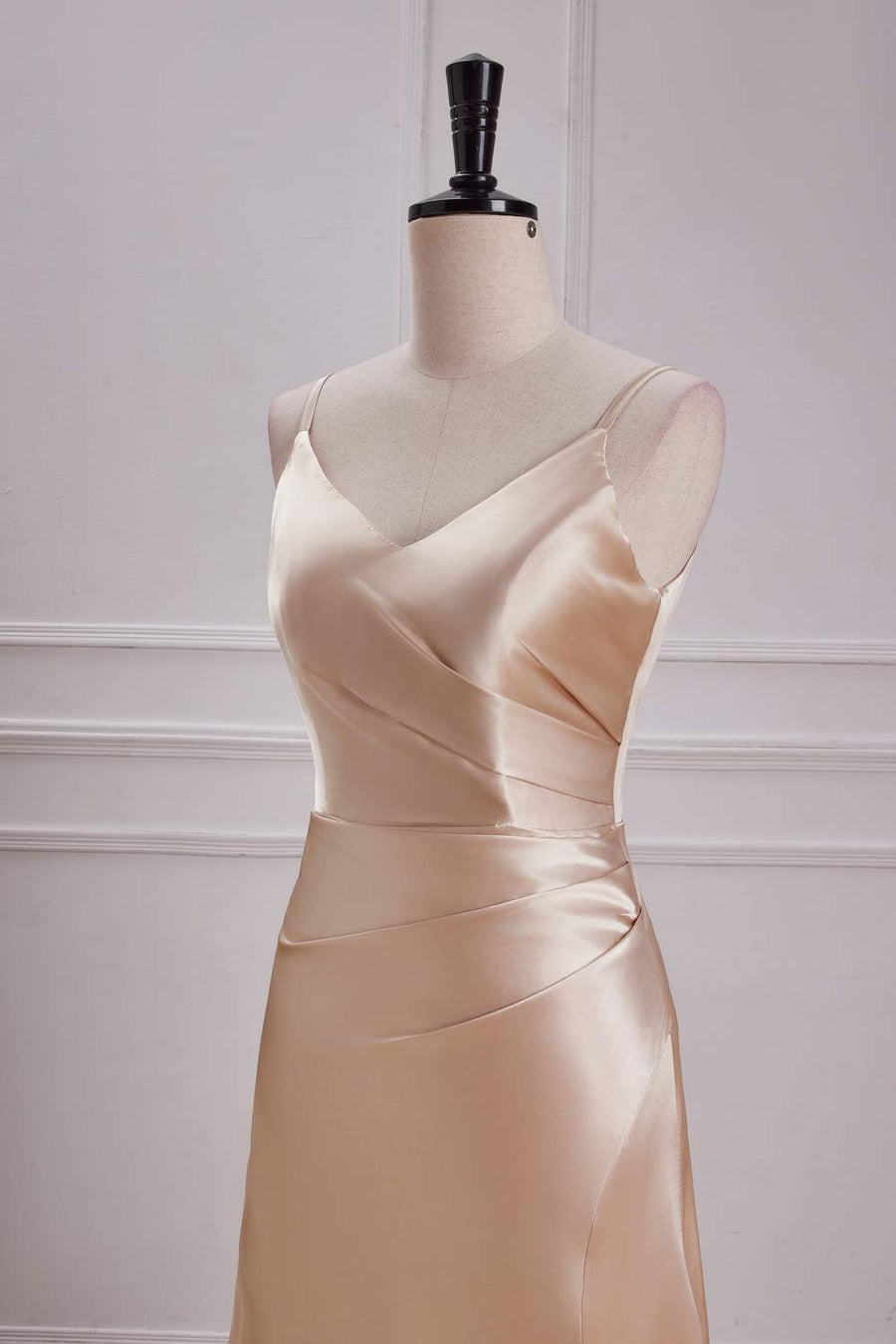 Champagne V Neck Spaghetti Straps A-line Long Prom Dress with Slit left front side