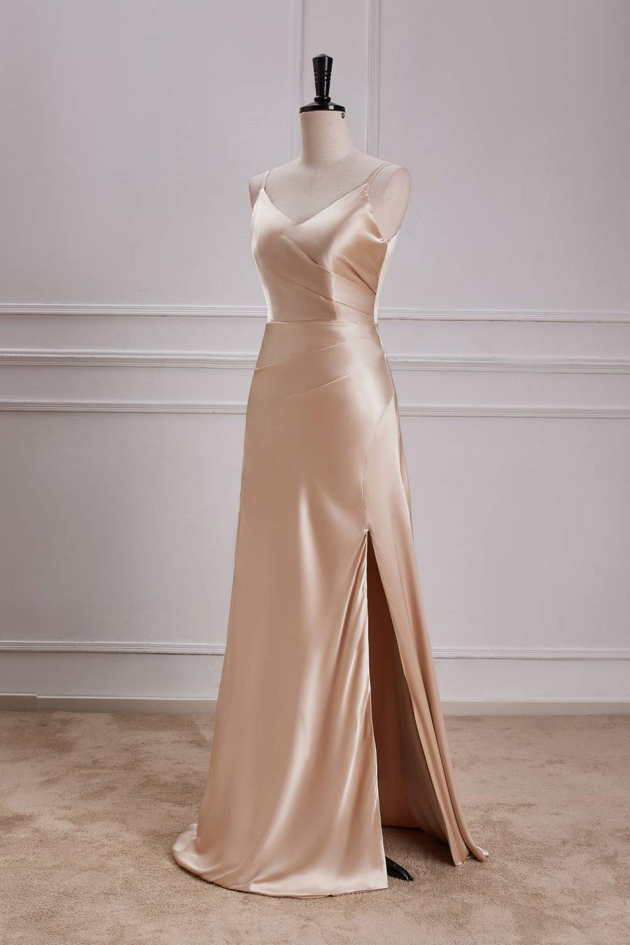 Champagne V Neck Spaghetti Straps A-line Long Prom Dress with Slit Custom Color / US 10
