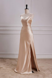 Champagne V Neck Spaghetti Straps A-line Long Prom Dress with Slit left front side full