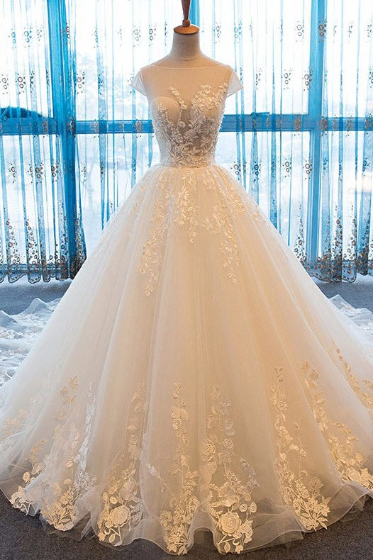 Chic A-Line Cap Sleeves Appliques Tulle Wedding Dress