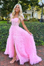 Chic A-Line Off-Shoulder Empire Beaded Appliques Tiered Prom Dress