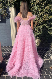 Chic A-Line Off-Shoulder Empire Beaded Appliques Tiered Prom Dress