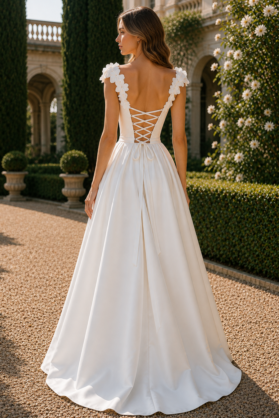 Chic A-Line Satin Floral Straps Lace-Up Floor-Length Wedding Dress
