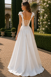 Chic A-Line Satin Floral Straps Lace-Up Floor-Length Wedding Dress