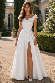 Chic A-Line Satin Floral Straps Lace-Up Floor-Length Wedding Dress