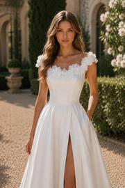Chic A-Line Satin Floral Straps Lace-Up Floor-Length Wedding Dress