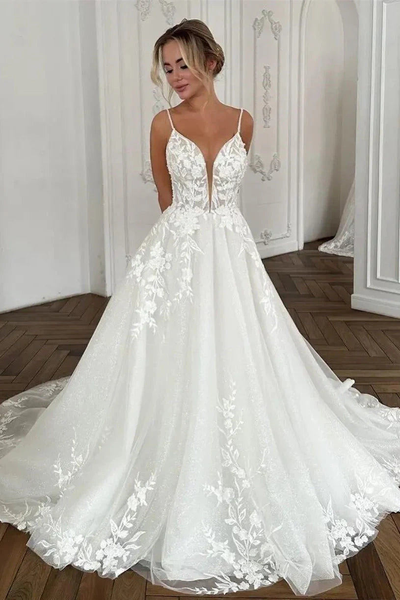 a line spaghetti strap wedding dress Ladivine 7481W A-Line Bridal Gown Pleated Neckline Spaghetti Straps Off White / 8