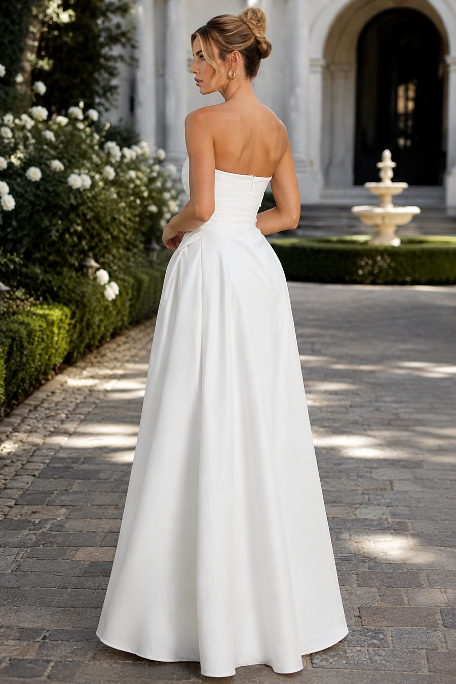 Chic A-Line Strapless Satin Wedding Dress With Leg Slit