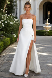 Chic A-Line Strapless Satin Wedding Dress With Leg Slit