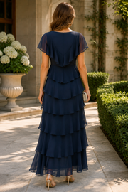 Chic A-Line V-Neck Bell Sleeves Tiered Chiffon Mother Of The Bride Dress
