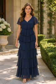 Chic A-Line V-Neck Bell Sleeves Tiered Chiffon Mother Of The Bride Dress