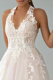 Chic A-Line V-Neck Halter Lace Appliques Wedding Dress