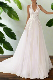 Chic A-Line V-Neck Halter Lace Appliques Wedding Dress