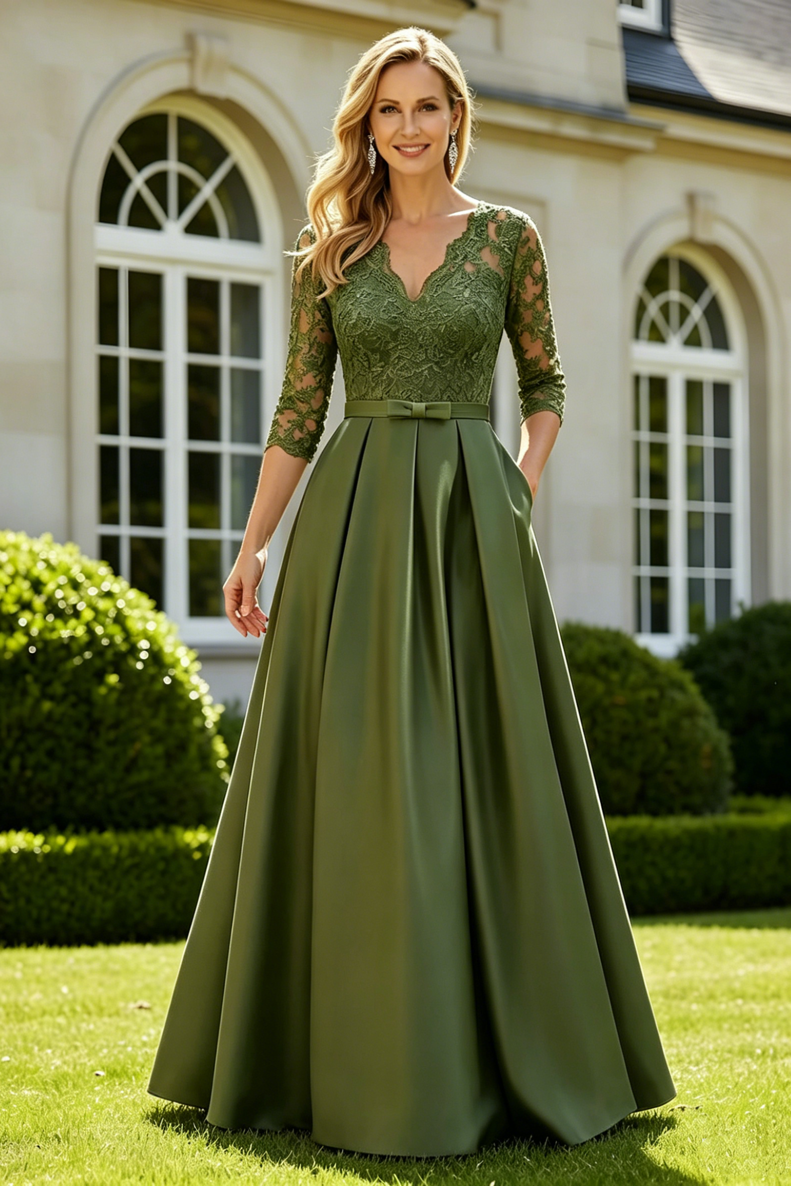 Chic A-Line V-Neck Quarter Sleeve Two Tone Mother Of The Bride Dress