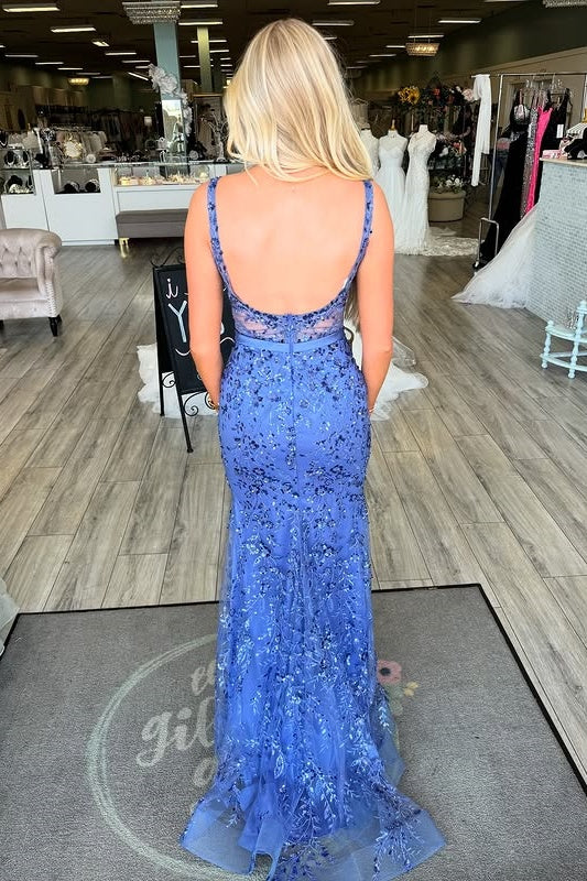 Chic Bateau Backless Empire Appliques Mermaid Party Prom Dress