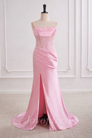 Chic Bateau Strapless Mermaid Two Tone Prom Dress With Leg Slit