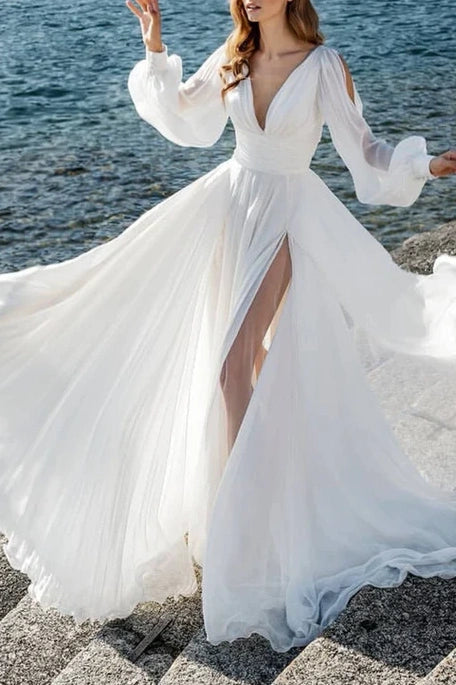 Chic Chiffon A-Line V-Neck Wedding Dress With Side Slit Custom Color / US 16