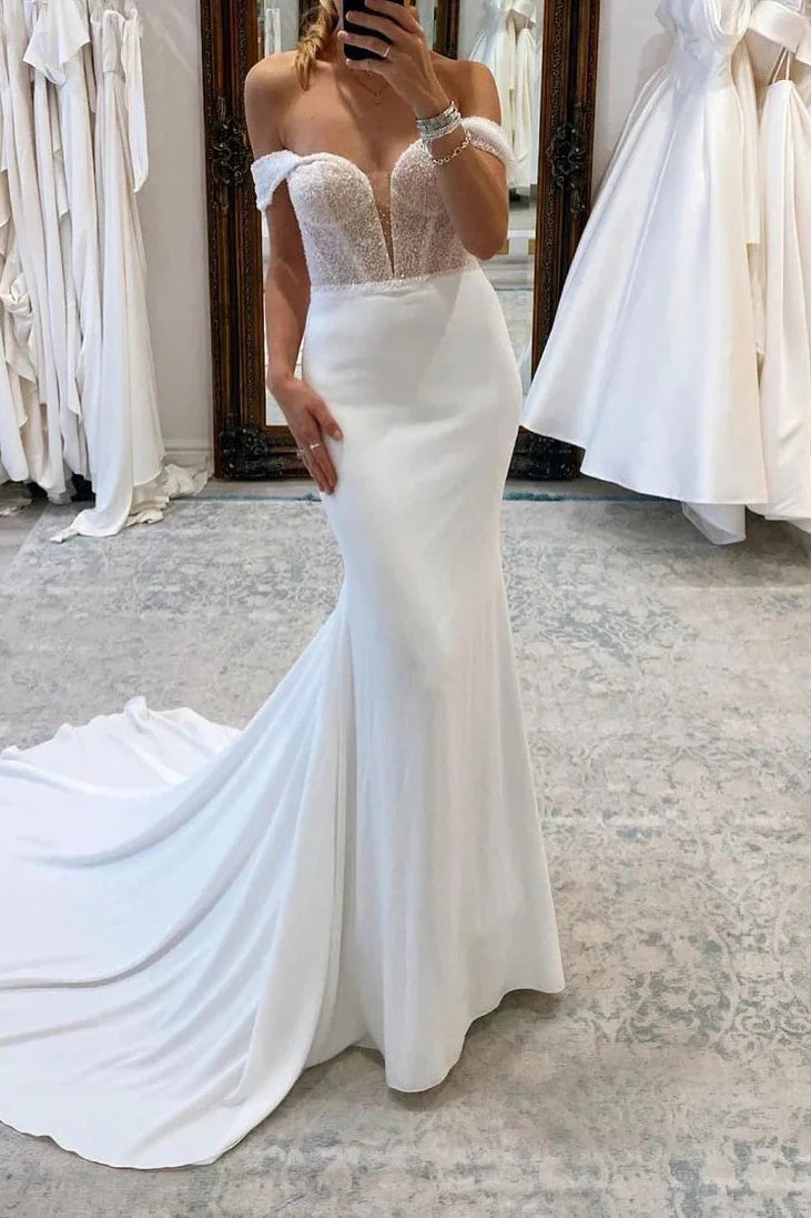 Chic Glitter Off-Shoulder Two Tone with Train Wedding Dress White / US 10 Chic Glitter Off-Shoulder Two Tone with Train Wedding Dress White / US 10