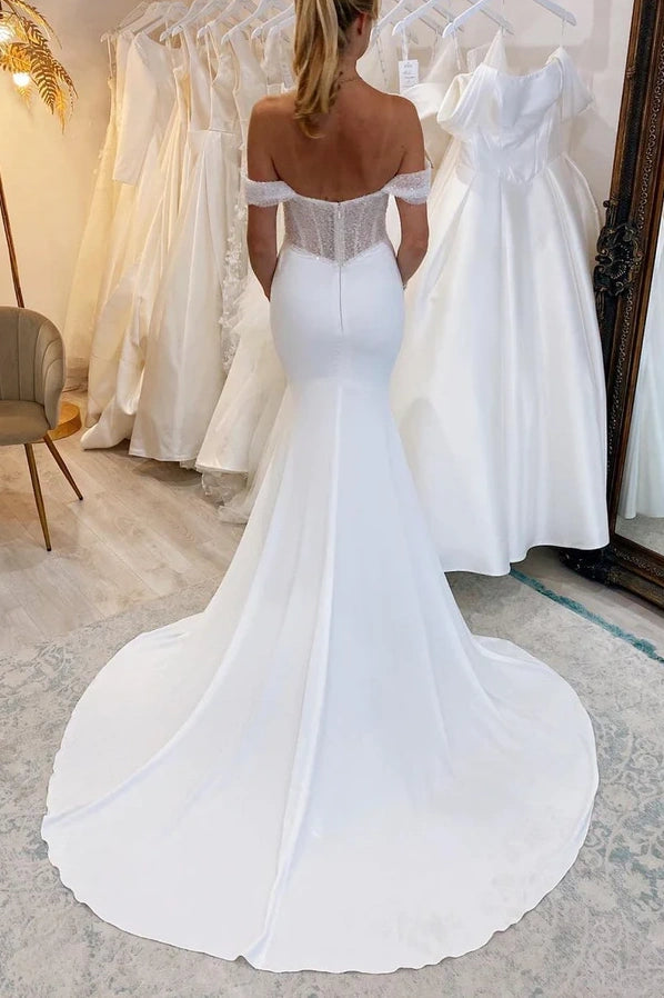 Chic Glitter Off-Shoulder Two Tone With Train Wedding Dress White / US 10 Chic Glitter Off-Shoulder Two Tone With Train Wedding Dress White / US 10