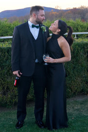 Chic High Neck Backless Satin Long Bridesmaid Dress