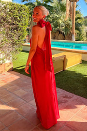 Chic High Neck Backless Satin Long Bridesmaid Dress