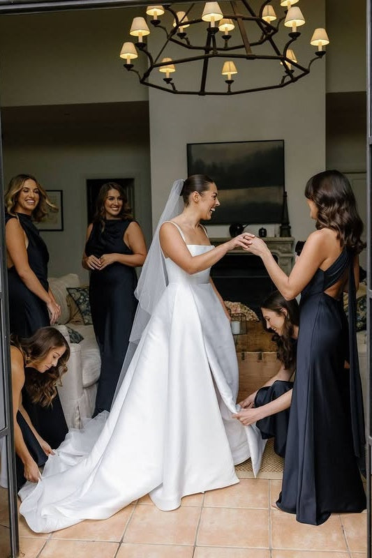 Chic High Neck Sleeveless Black Long Bridesmaid Dress