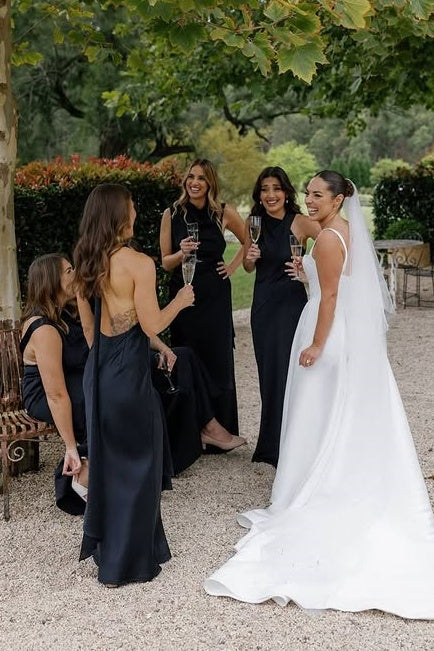 Chic High Neck Sleeveless Black Long Bridesmaid Dress