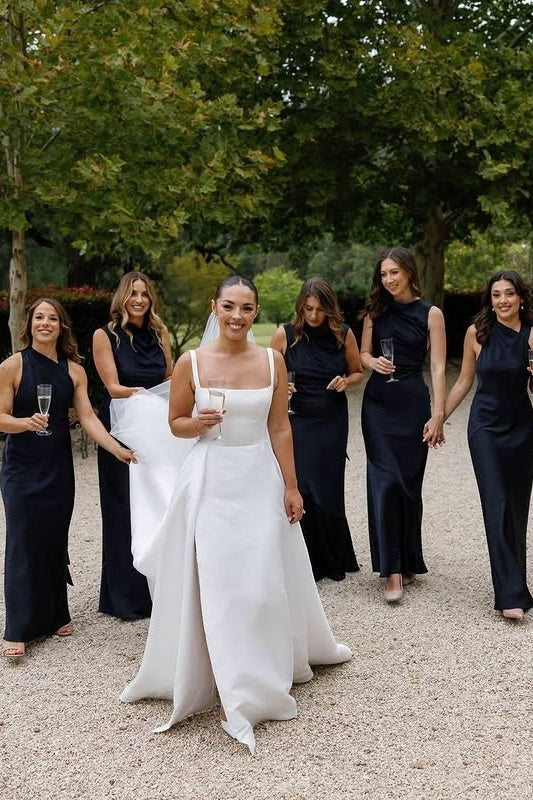 Chic High Neck Sleeveless Black Long Bridesmaid Dress