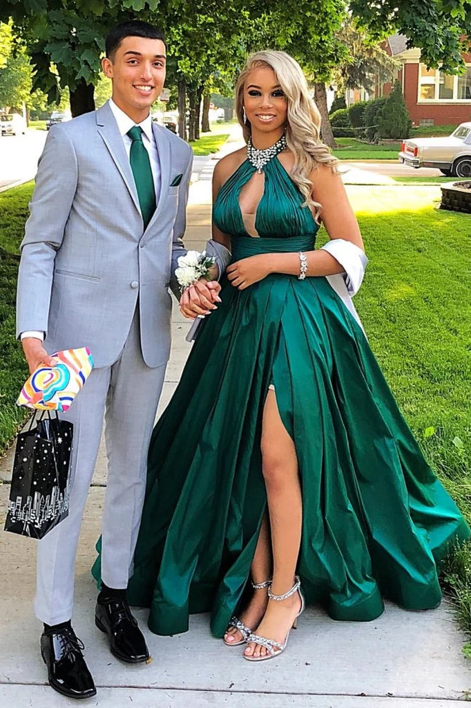 Chic High Neck Sleeveless Satin A-Line Long Party Prom Dress