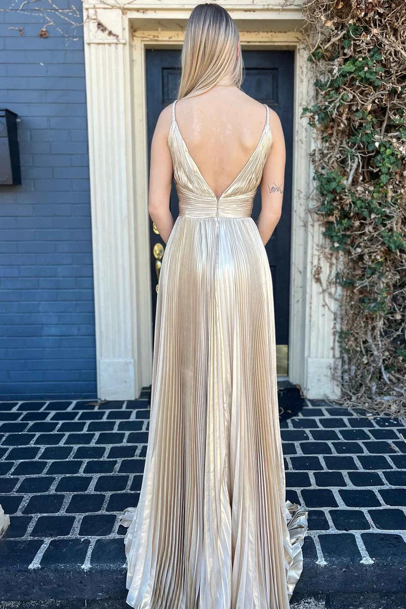 Chic Low V-Neck Spaghetti Straps Open Back Satin A-Line Prom Dress