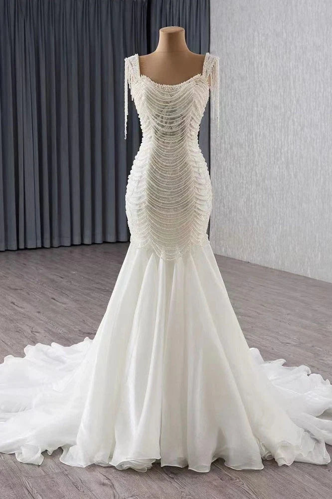 mermaid pearl white wedding dress Custom-made Sleeveless Mermaid backless wedding gown with Elegant Pearls, Lace Appliques, and Spaghetti Straps
