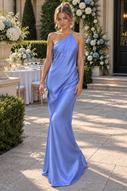 Chic One Shoulder Backless Mermaid Satin Long Party Prom Dress