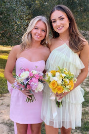 Chic Pink Satin Fitted Sweetheart Strapless Homecoming Dress With Bow