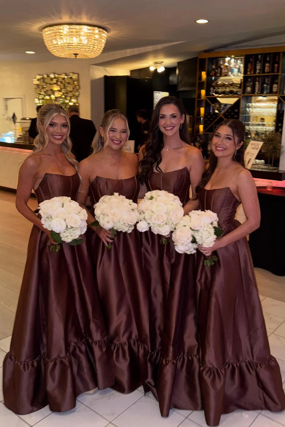 Chic Satin A-Line Boat Strapless Maxi Bridesmaid Dress