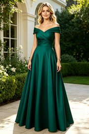 Chic Satin A-Line Off-Shoulder Floor-Lenght Mother Of The Bride Dress 