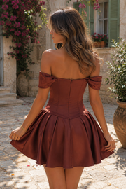 Chic Satin A-Line Off-Shoulder Pleated Homecoming Dress With Bow
