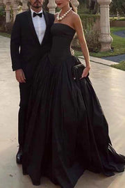 Chic Satin A-Line Strapless Long Party Prom Dress