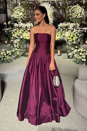 Chic Satin A-Line Strapless Long Party Prom Dress