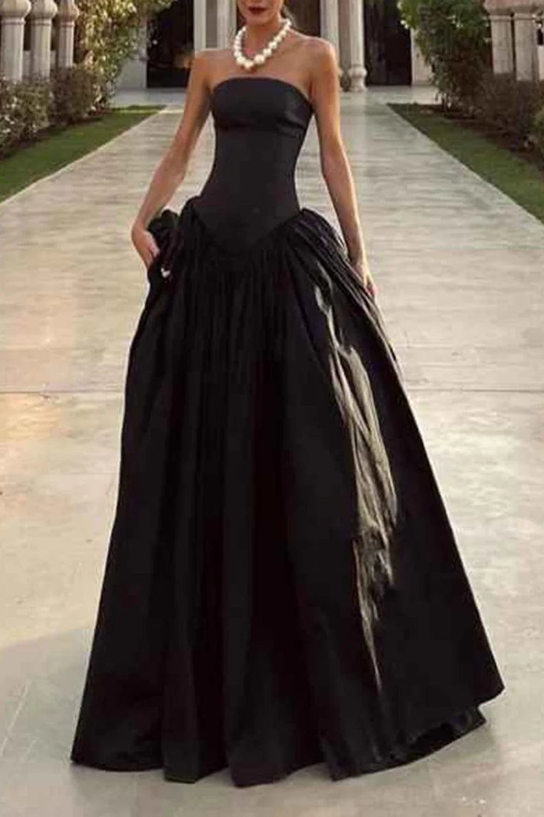 Chic Satin A-Line Strapless Long Party Prom Dress
