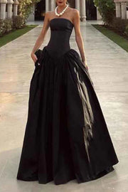 Chic Satin A-Line Strapless Long Party Prom Dress