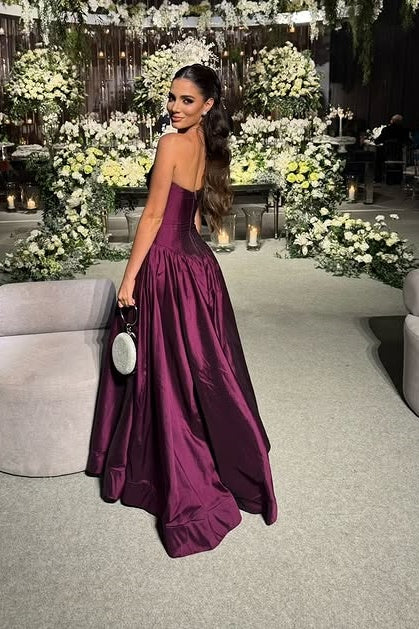 Chic Satin A-Line Strapless Long Party Prom Dress