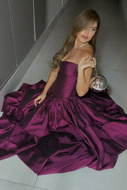 Chic Satin A-Line Strapless Pleated Maxi Party Prom Dress