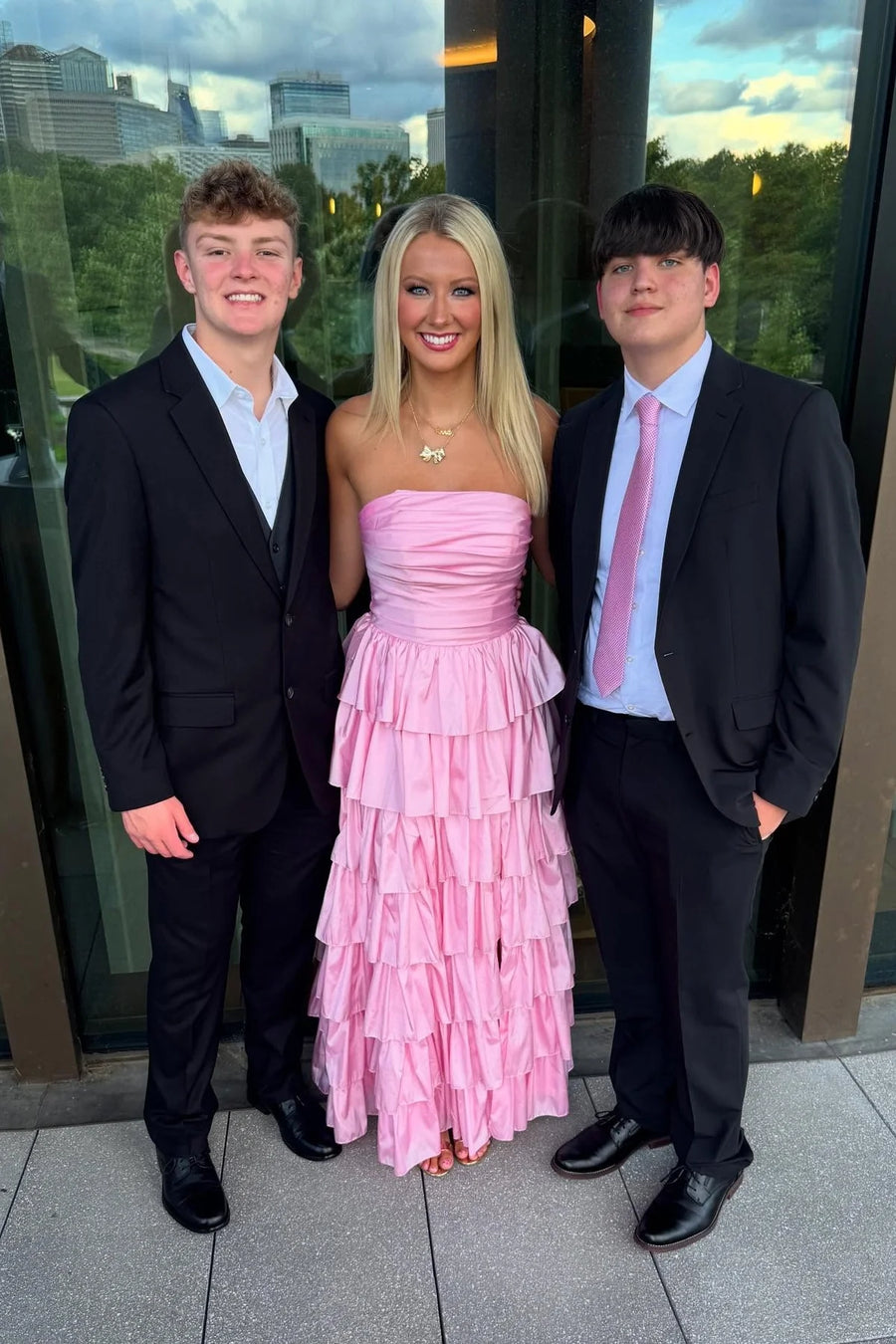 Chic Satin A-Line Strapless Tiered Prom Dress With Side Slit 