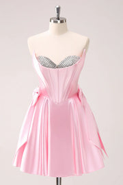 Chic Satin A-Line Sweetheart Strapless Beaded Homecoming Dress