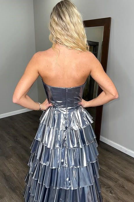 Chic Satin A-Line Sweetheart Strapless Tiered Party Prom Dress