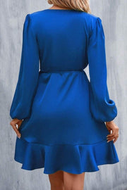 Chic Satin A-Line V-Neck Long Sleeves Ruffle Party Evening Dress