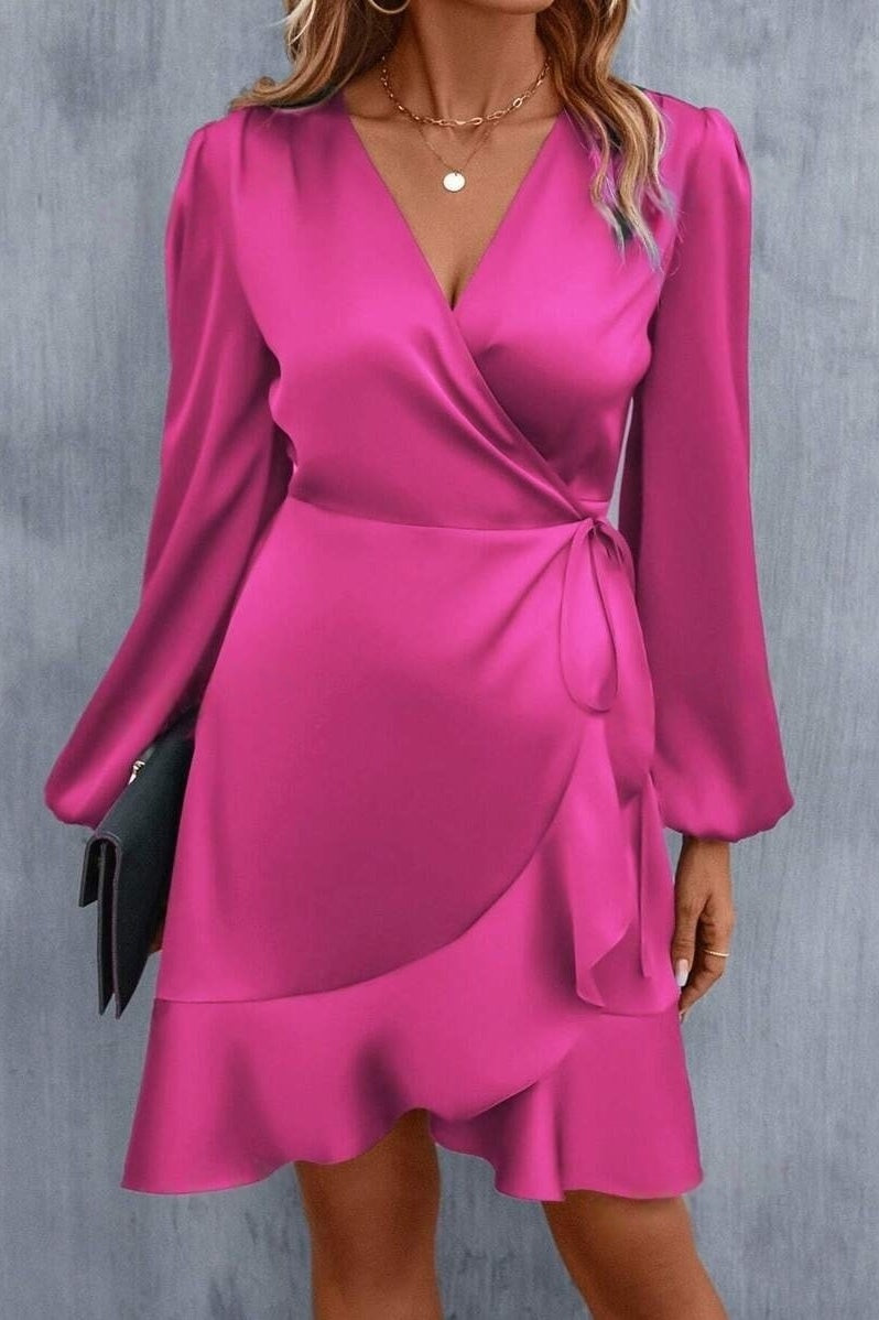 Chic Satin A-Line V-Neck Long Sleeves Ruffle Party Evening Dress
