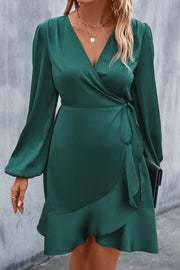 Chic Satin A-Line V-Neck Long Sleeves Ruffle Party Evening Dress